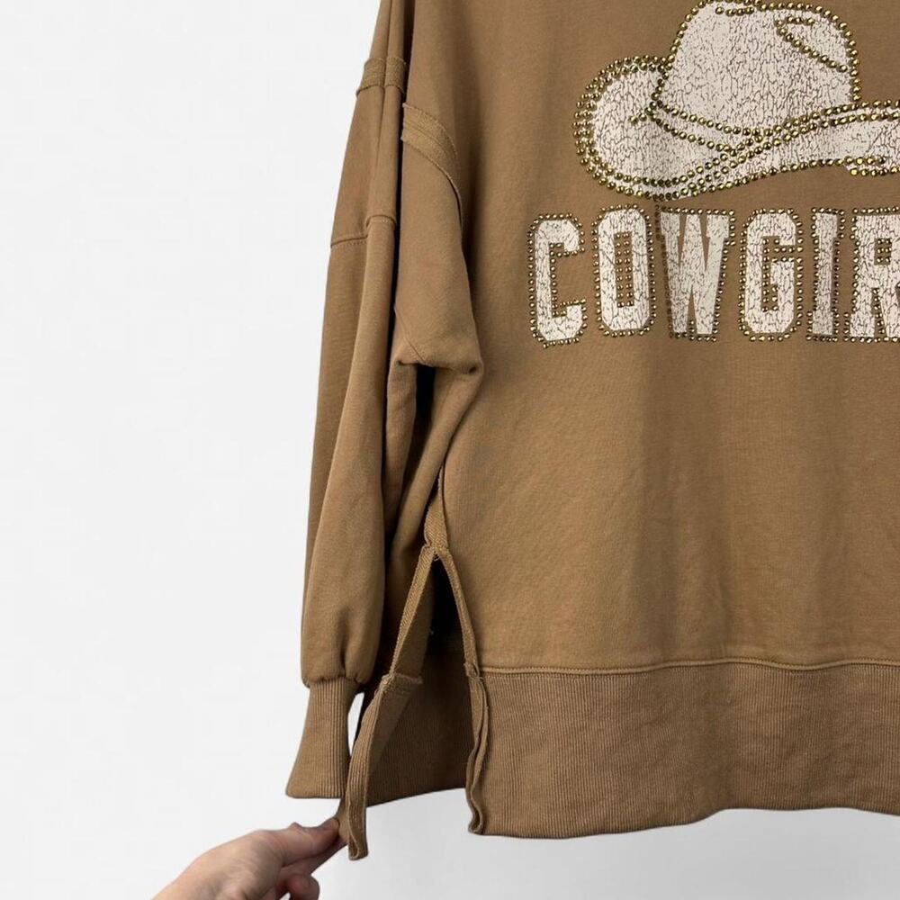 Cowgirl studded sweatshirt cozy tan sweatshirt - Picture 6 of 8